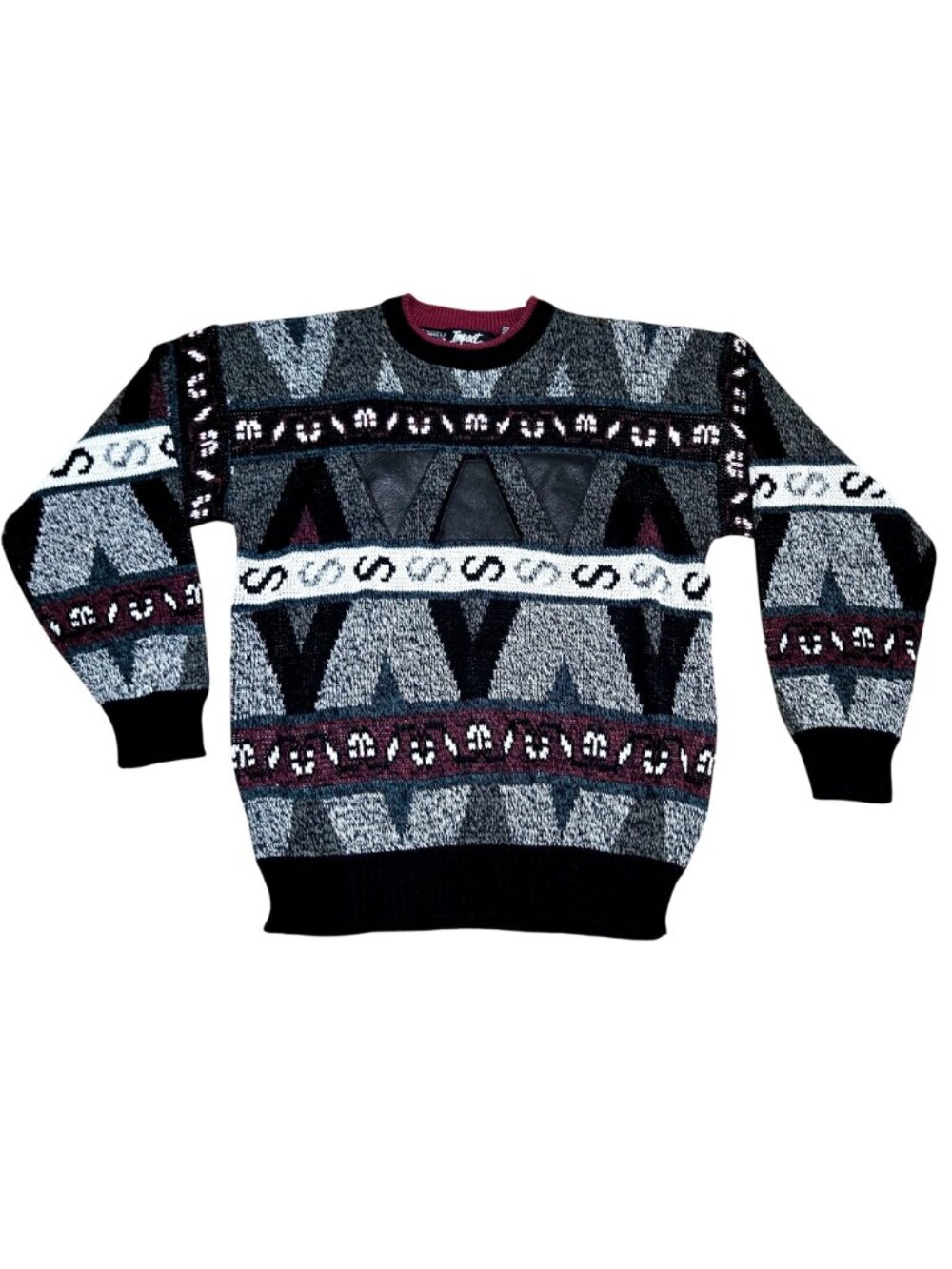 Vintage Geometric Knit Sweater With Leather Accents By Impact Mens L Black Gray